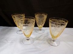 Set of 4 Fostoria Topaz Yellow Glass June Ice Iced Tea Goblets Footed Tumblers