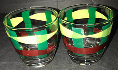 Vintage MCM Heavy Bottom Juice Glasses Lot of 2 Green and Brown Stripes Ribbon