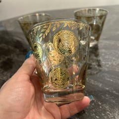 3-Vtg Culver MCM 22K Gold Coins & Ivy Lowball Whiskey Barware Glasses 4″