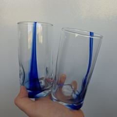 2 Vtg Libbey Crisa Blue Ribbon Twist Swirl Bar Glasses With Indent’s 6″ Tumblers