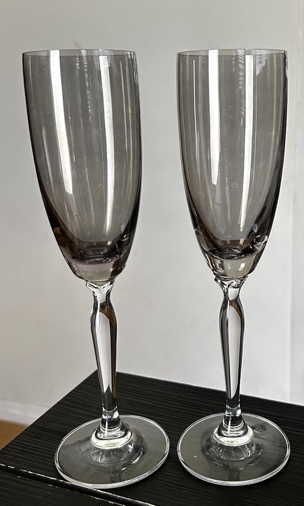 Pier 1 P1C1 Smoke Bowl fluted champagne glasses With gray bowl and clear stem