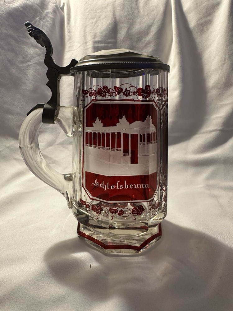 Antique Bohemian Cut Ruby Glass Stein with Prism Lid