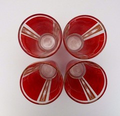 Boho Culver Glass 1960s Red Gold High Ball Set 4 Mid Century Thai Hindu Goddess