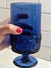Vintage LE Smith Glass Cobalt Blue Wicker Basket Footed Tumbler Glass