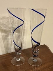 (4-pc) Pier 1 Imports Pilsner Beer Glasses Cobalt Blue Swirline 10” EXCELLENT