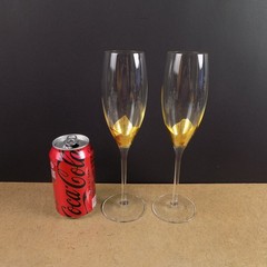 2 Signed Art Glass Champagne Flutes Glasses Gold Leaf Bowl 9.75″ Tall VGC