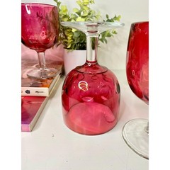 Vintage Cranberry Red Thumbprint Goblets – Mid-Century Coin Dot Glassware, set 9
