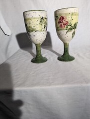 Pair Of Julie Ueland Handmade ceramic goblets Backsplash Pottery Green Cream 7”