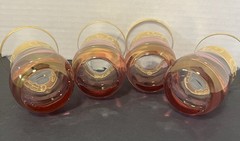 4 Vintage Turkish Tea Glasses Pasabahce Cranberry & Gold Scroll Accents 3”