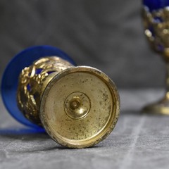 Vintage Mid-Century Cobalt Blue Cordial Glasses Floral Silverplate 3.5in Set 4