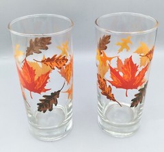 Vintage 16 Oz Maple / Fall Leaf Glass Tumblers Set of 2, 6.5″ Tall