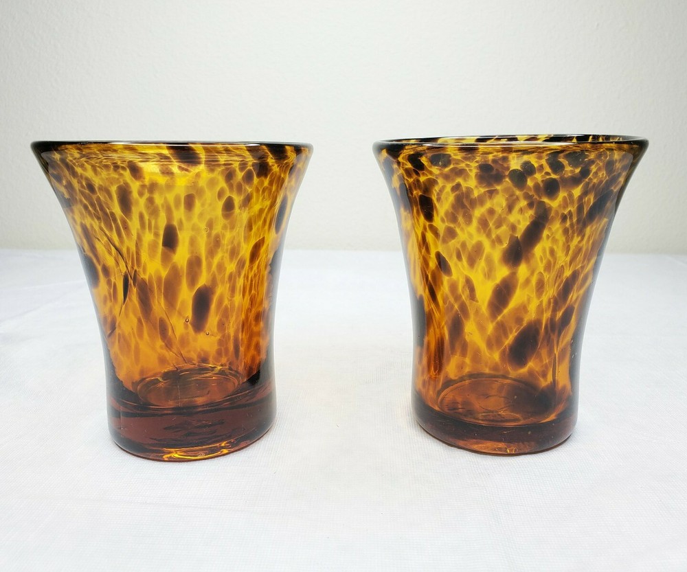 Vtg? Pair Hand Blown Glasses Splatter Swirled Tumblers Tortoise Shell Brown MCM?