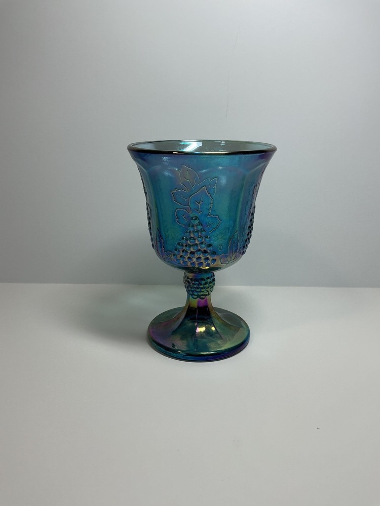 Indiana Glass Vintage Blue Carnival Harvest Grape Pattern USA 5 1/4” Stem Glass