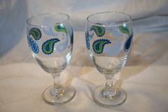 6 MCM LIBBEY CRISA BLUE TEAL PAISLEY PATTERNED GOBLETS WINE GLASSES 7″