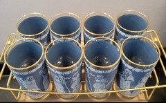 Mid Century Modern Wedgewood Blue and Gold Trim Tumbler Glasses with Caddy, Bar
