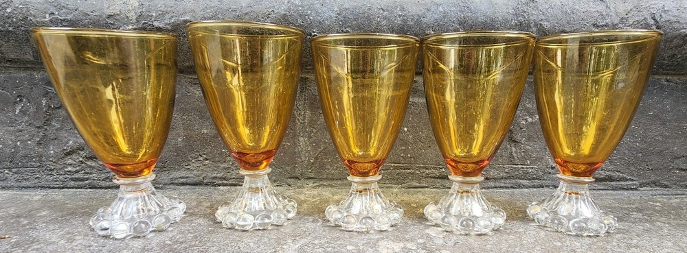 Vintage 5 Anchor Hocking 4.5″ Berwick Boopie Amber Candlewick Bubble Footed Gls.