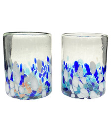 2 Handblown Glass Confetti Tumblers, Blue/Aqua/White/Brass Frit, Heavy, Mexico