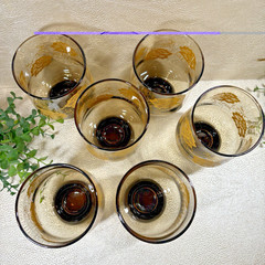 Groovy Smokey Brown Tumbler Glasses With Yellow Flowers Set 6 MCM Stackable