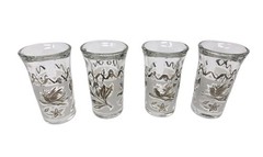 VTG MCM Birds & Botanicals Libbey Shot Glasses Set Of Four Frosted Glass Gold
