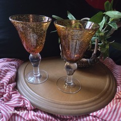 Vintage Amber Ruby Cased Art Glass Goblets Pair Controlled Bubble Hand Blown 8.5
