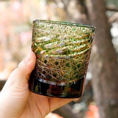 Crystal Whisky Glass Double Layers Japanese Style Edo Kiriko 9oz Amber Green