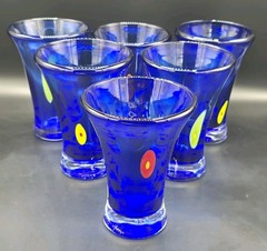 Set of 6 Vtg Hand-Blown Annieglass Cobalt Blue Tumblers Signed Studio Art Glass