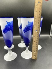 VTG Cameo Glass Horse Champagne Flutes 5 Pc Blue Frosted Hand Carved Equestrian