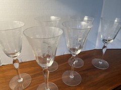 VINTAGE CLEAR CUT FLORAL OPTIC PANEL CRYSTAL STEMWARE GLASSES 8 1/4″ SET OF 6
