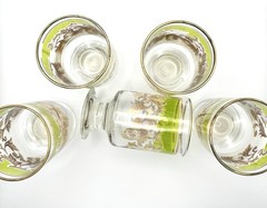 Vintage MCM Highball/Rocks Glasses (5) Green Gold Gilt Leaf Design Footed 1970’s