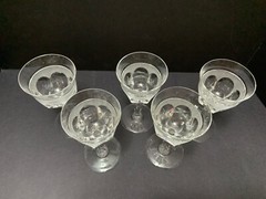 5 Tiffin 6.5″ Wine Glasses Cross Hatch Band Vintage Clear Prism Stem 6 Panel