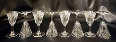 Set Of 8~Clear Glass Cordials~Etched Thistle~Flared Optic Bowl