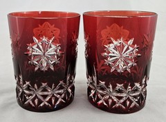 Waterford Crystal Snowflake Wishes for Joy Ruby Red Whiskey Glasses Marked Set 2