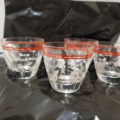MCM Hazel Atlas Double Shot Glasses Sports Golf w/Wooden Caddy — Set of 4