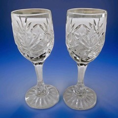 Set of 2 Vintage Cut Lead Crystal Cordial Stemmed Diamond Panels Fans Stars 4.75