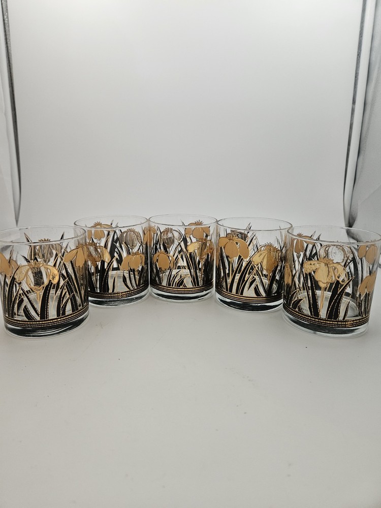 Vintage Culver Iris Cinnabar Lowball Glasses 22K Gold Iris Black Band. Set of 5