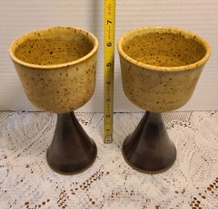 Vintage Studio Art Pottery Wine Goblets Chalices Speckled Brown Set Of 2 Signed