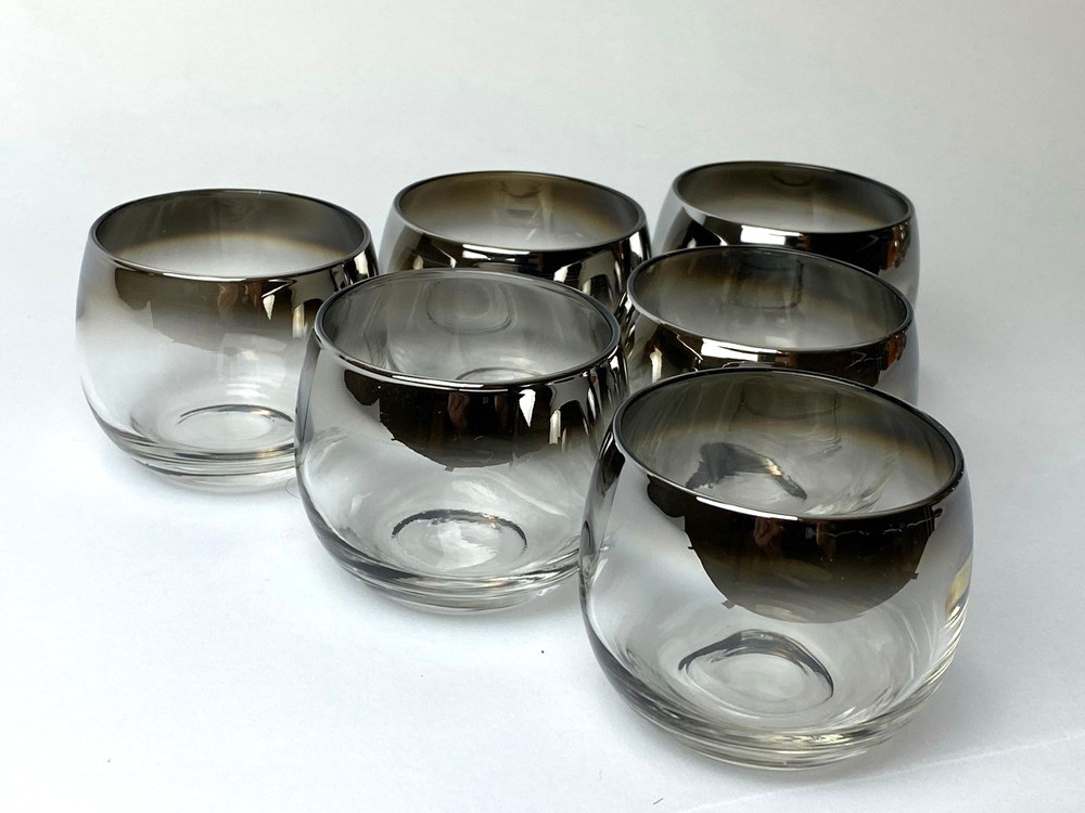 6 Vintage MCM Dorothy Thorpe Style Silver Rim Cocktail Glasses Eames Mad Men **