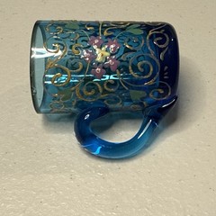 Bohemian Hand Enameled Orange Floral Blue Glass Cordials C. 1890s