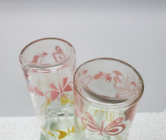 Two Vintage Glass Tumblers Pink White Yellow Butterflies Cottage Cheese