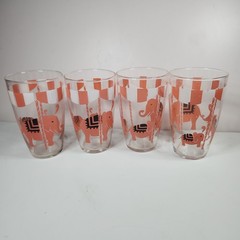 4 Vtg Libbey Pink Elephants Carousel Glasses Tumblers 4.75″ Pink Black White EUC