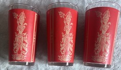 Set of 7 MCM Highball Glasses Thai Goddess 1960s, Red