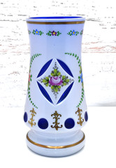 Oertel Bohemian Czech White Enameled to Blue Clear Glass Handle 7.5″ Mug Stein