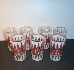 VTG Libbey Juice Cocktail Glasses Set of 7 Red Atomic Polka Dots 6-8 oz. MCM