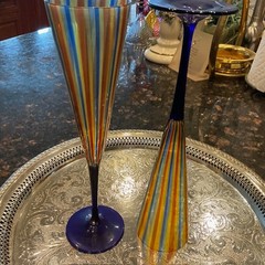 RARE VTG Cenedese Vetri Murano Wine Glass/Flute Multi Colored Striped Pair
