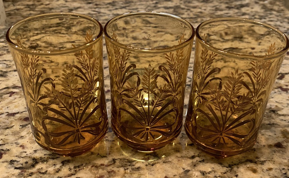 Set of 3 Pretty amber autumn wheat, harvest tumblers, water glasses.
