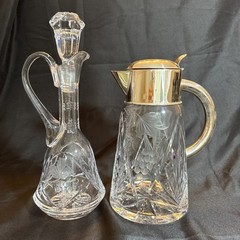 Vintage Cut Glass Crystal Carafe And Antique Glass Cruet Grapevine Pattern