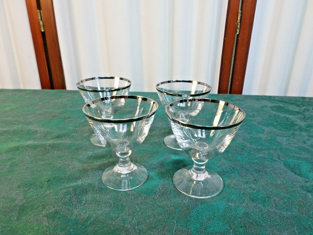 4-3oz Elegant Johans Fors Swedish Made Platinum Band Stemmed Etched Wine Glasses