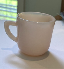 VINTAGE PINK MILK GLASS CUP GOES TO OPALESCENT AT RIM MADE IN USA