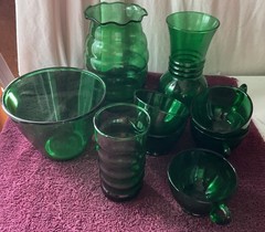 Antique Nine Pieces Of Forest Green Anchor Hocking Glass, No Chips Cracks .