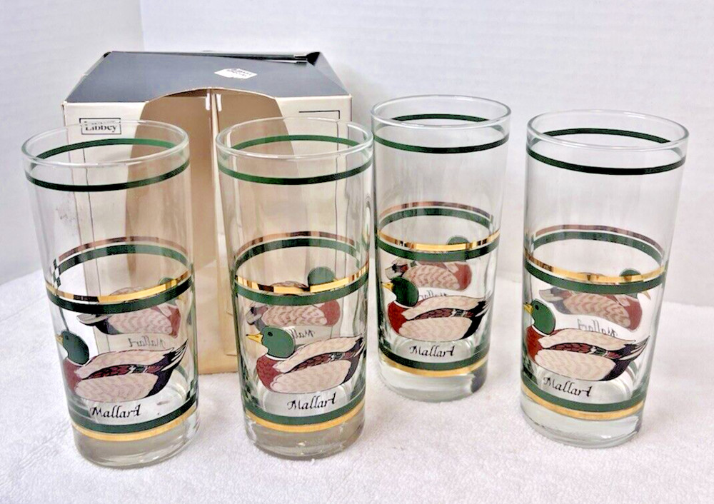 VTG 4 Libbey Glass Mallard Duck Hunting Bar Highball Glasses 15oz Boxed